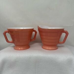 Vintage Hazel-Atlas Coral Pink Sugar Bowl & Creamer Set
